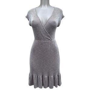 Caution To The Wind Faux Wrap Dress Women's Small Taupe White Striped Ruffle Hem